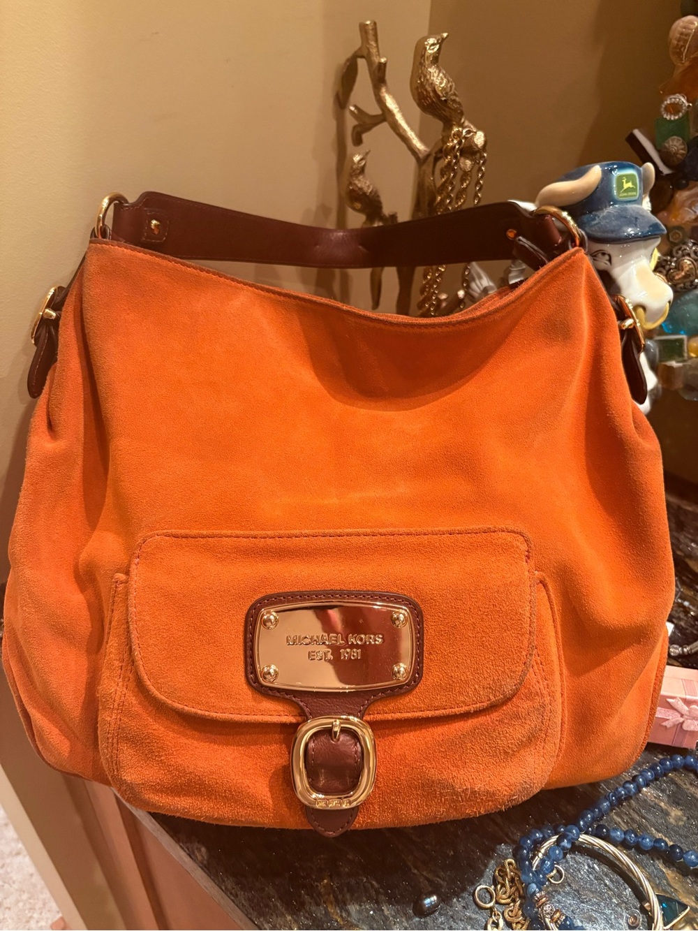 RARE Michael Kors Burnt Orange Suede Hobo Shoulder Bag Brown TrimGold Hardware